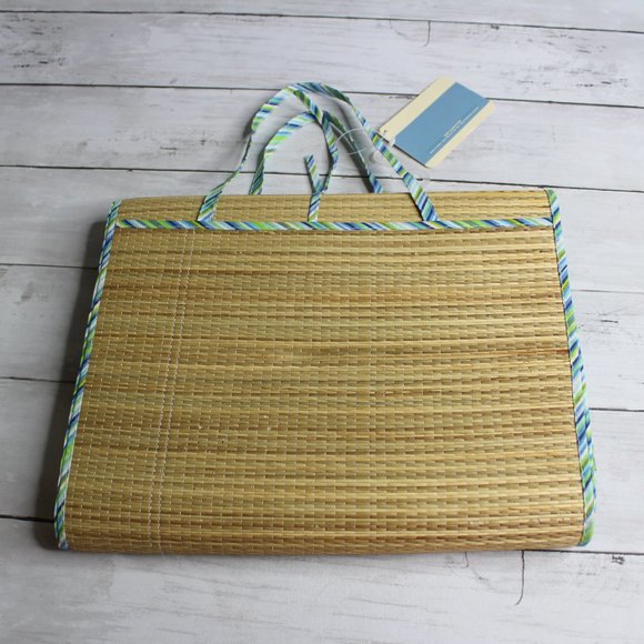 Old Navy Beach Mat Carry Tote Rattan Blue Green Stripe - Picture 4 of 4
